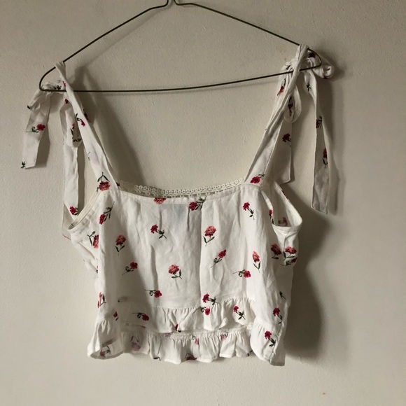 ❤️Forever 21 White Floral Peasant Cropped Top Shoulder Ties Side zipper Ruffle M - Picture 5 of 8
